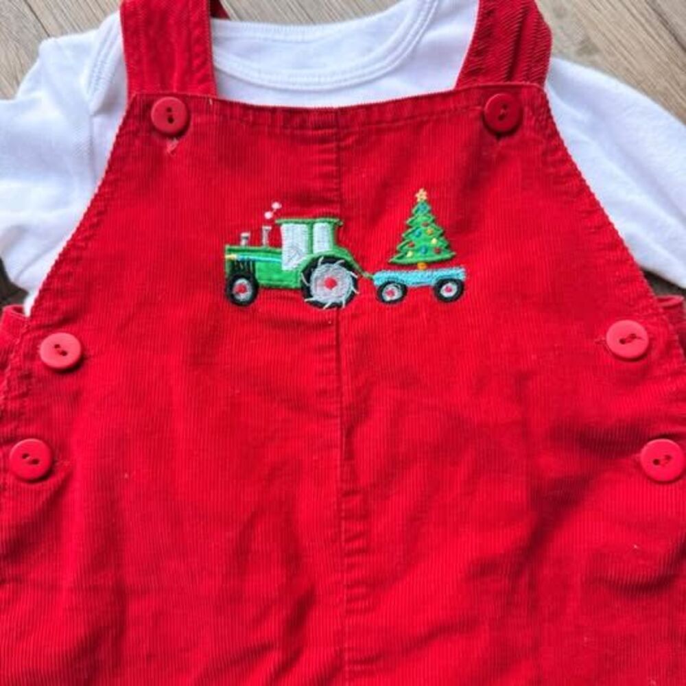 Adorable Little boys red overalls tractor Christmas tree